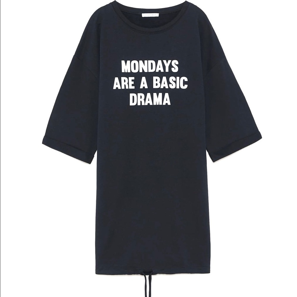 ZARA "Mondays are basic drama" Graphic black long tunic sweater  size S